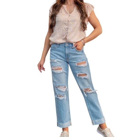 KANCAN Boyfriend Ripped Lightwash Jeans Distressed Size 24 NWT - Picture 1 of 16